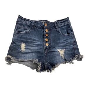 Refuge High Rise Shorts Size 2 Denim Jean Distressed Thighs Button Fly Festival